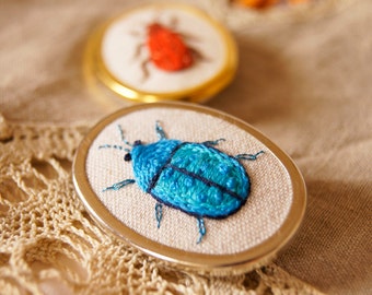 Hand Embroidered Tortoise Beetle Brooch Pin Natural History Entomology Woodland Wildlife Jewelry Textile Fiber Art Nature Lover