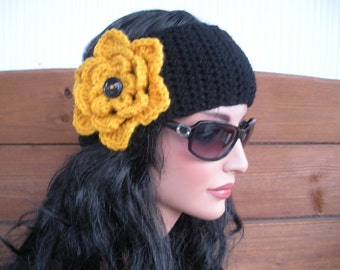 Womens Headband Crochet Headband Women Winter Fashion Accessories Women Earwarmer Headwrap Black with Gold crochet flower