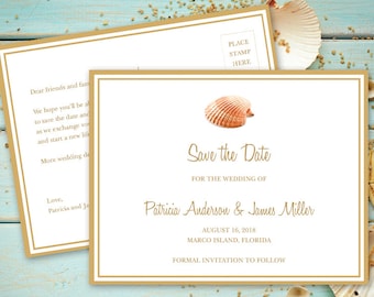 printable save the date postcard template seashell songs gold diy destination