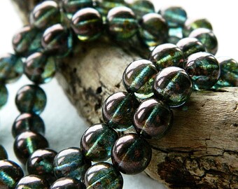 CLEARANCE...30% OFF...8mm Czech Glass Druk Beads, Glass Round Beads, Transparent Glass & Bronze Green/Blue Luster (50pcs) 1.1.4