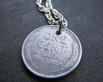 1943 steel penny necklace - silver penny coin jewelry
