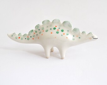Stegosaurus Figure, Ceramic Dinosaurs, with Red and Green Polka Dots; Jurassic Clay Collection. Ready To Ship