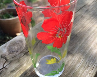 Vintage Red Floral Drinking Glass