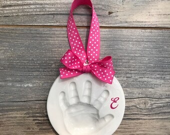 Personalized Baby Handprint - Baby Girl Monogram Keepsake - Custom Baby Christmas Ornament - Ceramic Hand Print - Baby Handprint Mold Kit