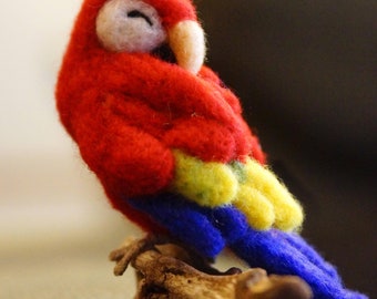 Sleeping Needle felted Red Macaw Parrot - felt parrot plush