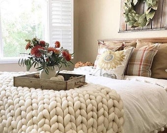 Chunky Knit Blanket,Arm knit blanket, Merino wool blanket, Giant knit Throw