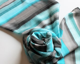 Hand Painted Silk Scarf - Handpainted Scarves Turquoise Blue Aqua Teal Green Black Gray Grey Stripes
