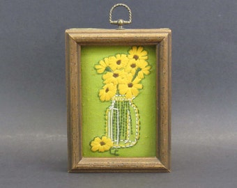 Vintage Framed Embroidery of Potted Flowers (E9875)