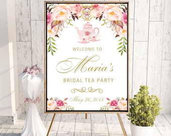 Welcome to Tea Party Bridal Shower sign Printable Digital Personalized Floral Baby Shower Sign Boho Watercolor Flowers DIGITAL FILES, WS84