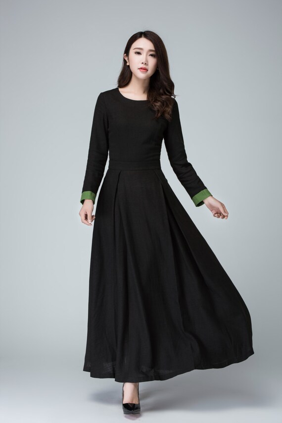  Black  dress  long  sleeve  dress  prom  dress  linen dress  maxi