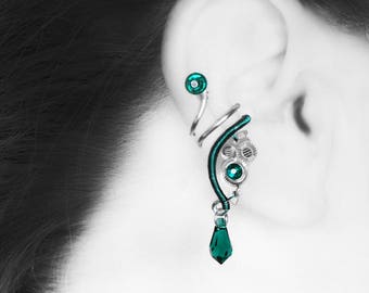 Emerald Swarovski Crystal Steampunk Ear Cuff, No Piercing, Cartilage Jewelry, Green Crystal, Statement Earring, , Ares III v12: