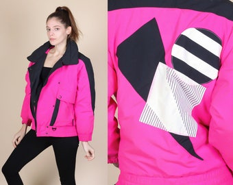 80s Neon Pink Ski Jacket - Small // Vintage Color Block Retro Puffy Winter Coat