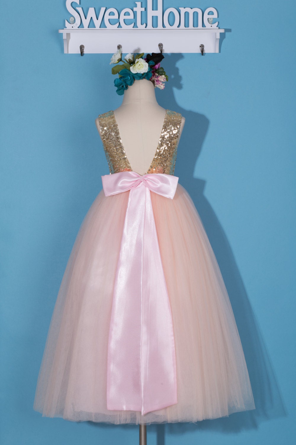 Pink flower girl dress/gold sequin flower girl dress/pink