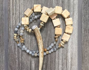 Bamboo Coral and Riverstone Deer Antler Tine Necklace