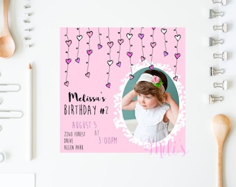 Birthday girl invitation - INSTANT DOWNLOAD heart card pink for birthday girls printable
