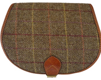 Tan Leather and Yorkshire Tweed Saddle Handbag - Herringbone check