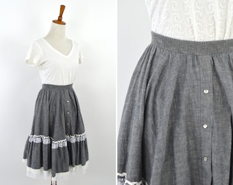 Vintage 1970's Gray Spring Square Dance Skirt - Ruffle Mori Girl Lolita Skirt - Lace Full Circle Ranch Skirt - Size Medium to Large