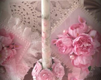 Reserved shabby chic pink glass candle holder