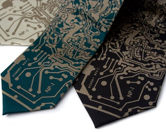 Circuit Board Tie. "Short Circuit" men's necktie. Computer science gift. Silkscreened circuit board, antique brass print.