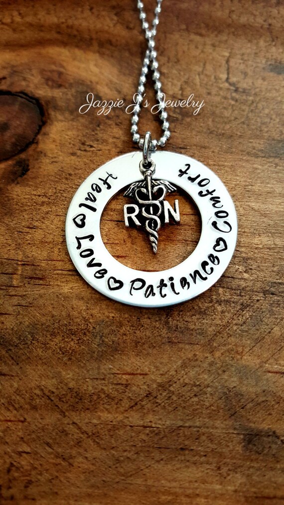 RN Hand Stamped Necklace with RN Charm Nurse Gift Heal Love