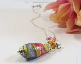 Murano Glass Necklace with Venetian Glass Swarovski Crystal and 925 Sterling Silver, Very Pretty Multicolour Murano Glass Drop Necklace