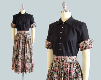 Vintage 1950s Shirt Dress | 50s Guatemalan Folk Novelty Print Cotton Shirtwaist Geometric Full Skirt Day Dress (small)