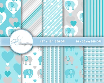Digital paper pack Elephant, Digital Paper Elephant, Elephants Scrapbook, blue elephant patterns, card making, Blue Collection