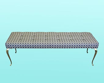 Mid Century Chenille Bench With Brass Feet , Vintage Brass Bench, Mid Century Bench