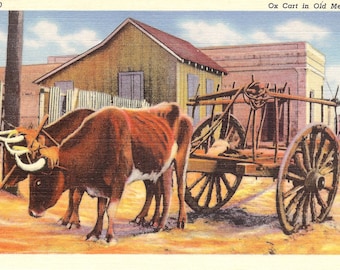 Vintage Linen Postcard...Mexico, Ox Cart in Old Mexico..Used....no. MX0001