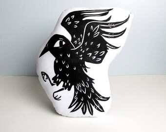 Crow Shaped Animal Pillow. Hand Woodblock Printed. Choose ANY Color. Made to Order.