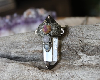 Quartz Crystal Necklace w/ Ruby, Rose Quartz & Moonstone - Gemstone Necklace - Ruby Jewelry - Boho Jewelry - Wiccan Necklace - Gypsy Jewelry