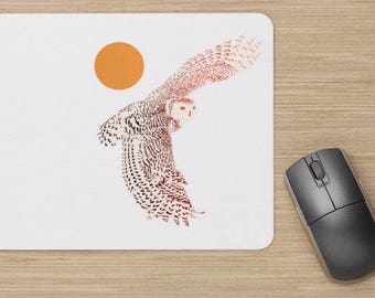 Mouse pad, snowy owl painting, snow owl illustration, owl, white owl, bird illustration, harfang des neiges, chouette harfang.