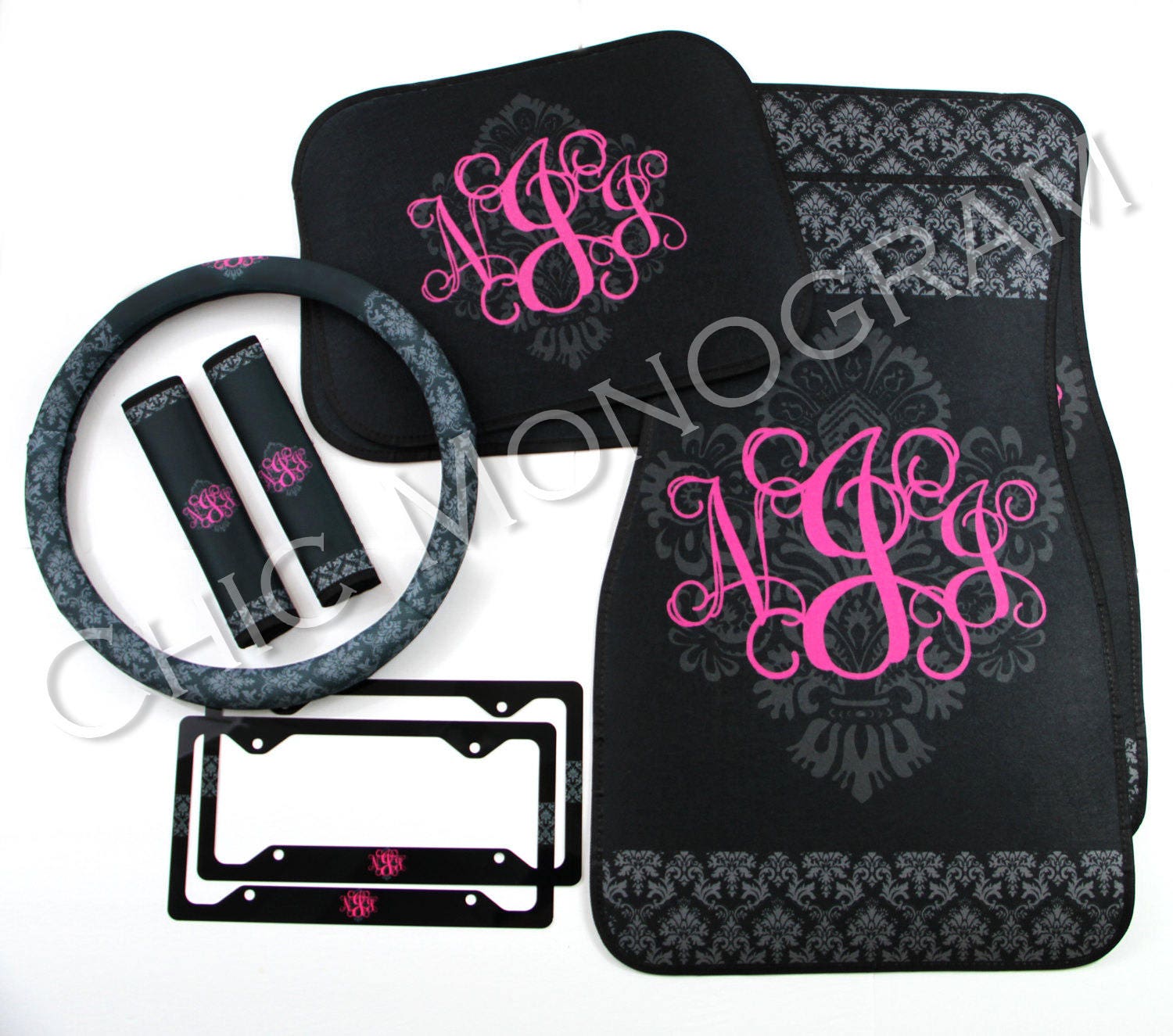 Classy Black Damask Monogrammed Car Accessories Set Car Floor