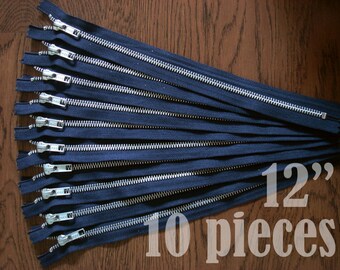 ykk metal zippers, metal zippers, navy blue zippers, jean zippers, silver metal zipper, aluminium zipper - 12 inch - 10 pieces ALM12