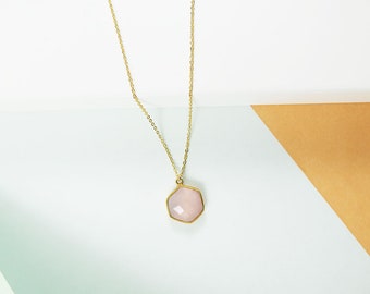 Kay Necklace - Pink Chalcedony • Natural Genuine Hexagon Geometric Stone • Wife • Girlfriend • Mother's Day • Best Friend • Everyday