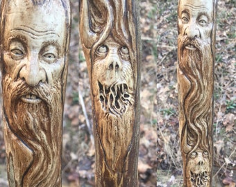 Walking Stick, Wood Carving by Josh Carte, Wood Spirit Carving, Monster, Creature, Perfect Wood Gift, Hand Carved Art, OOAK, Beard, Ohio