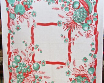 Vintage Fruit Tablecloth in Red and Green/ Luncheon Cloth/ Table Topper