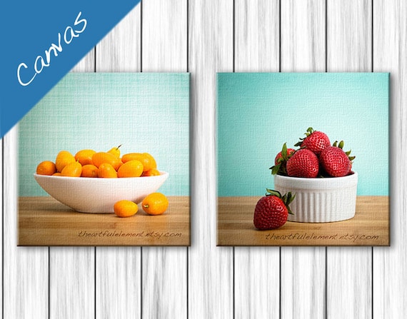 Canvas Kitchen wall art, Colorful kitchen, Strawberry photo, Kitchen decor, Food photography, Aqua kitchen, Canvas set // Summer Fruit art