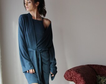 short cozy robe in wool sweater blend - lounge wear lingerie and sleepwear range MALLARD - made to order