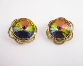Watermelon Tourmaline Signed Whiting Davis Gold Plated Detail Clip Earrings-Vintage Watermelon Gold Plated Earrings- Vintage Earrings