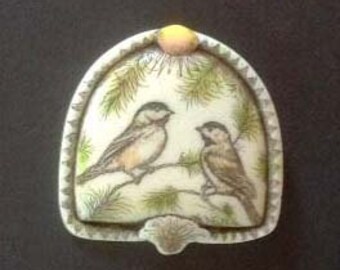 Chickadee bird scrimshaw technique reproduction pin