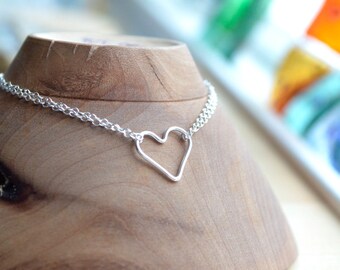 Floating Heart Bracelet, Dainty Open Heart, Simple Heart Jewelry, Sideways Heart, Double Chain Sterling Silver or Gold Filled Heart Bracelet