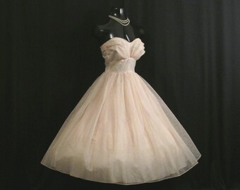 Vintage 1950's 50s STRAPLESS Baby Pink Ivory Flocked CHIFFON Organza Party Prom Wedding Dress Gown