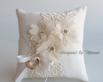 Wedding ring bearer pillow with embroidered lace and flowers-cream ring bearer, ring cushion, ready to ship