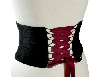 Black Silk Corset Belt / Steel Boned Waist Cincher / Raw Silk Obi Belt / Wedding Corset / Bridesmaid Belt / Raw Silk Corset / Black Silk
