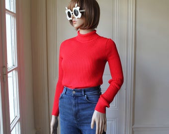Turtleneck ribbed sweater bright red 60 s vintage sweater fitted mods retro kitsch plain red jumper - Size S