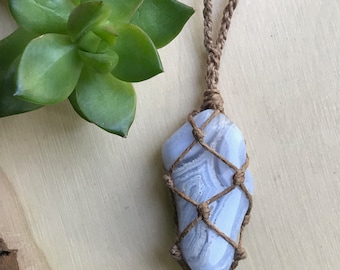 Blue Lace Agate Crystal Necklace - Healing Crystal Necklace - Hemp Wrapped Stone Jewelry - Pastel Blue - Hippie Bohemian Style Gypsy Soul
