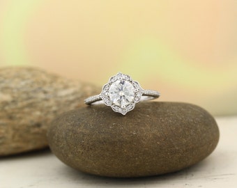 7mm Forever One Moissanite Near Colorless Engagement Ring Vintage Floral style In 14k White Gold, Gem1224, Ship within 2-4 days