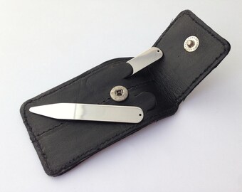 Personalised Collar Stays - One Pair Engraved in Leather Travel Wallet