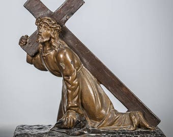 Christ Carrying the Cross Statue | Jesus Figure | Antique Plaster | 10" Large